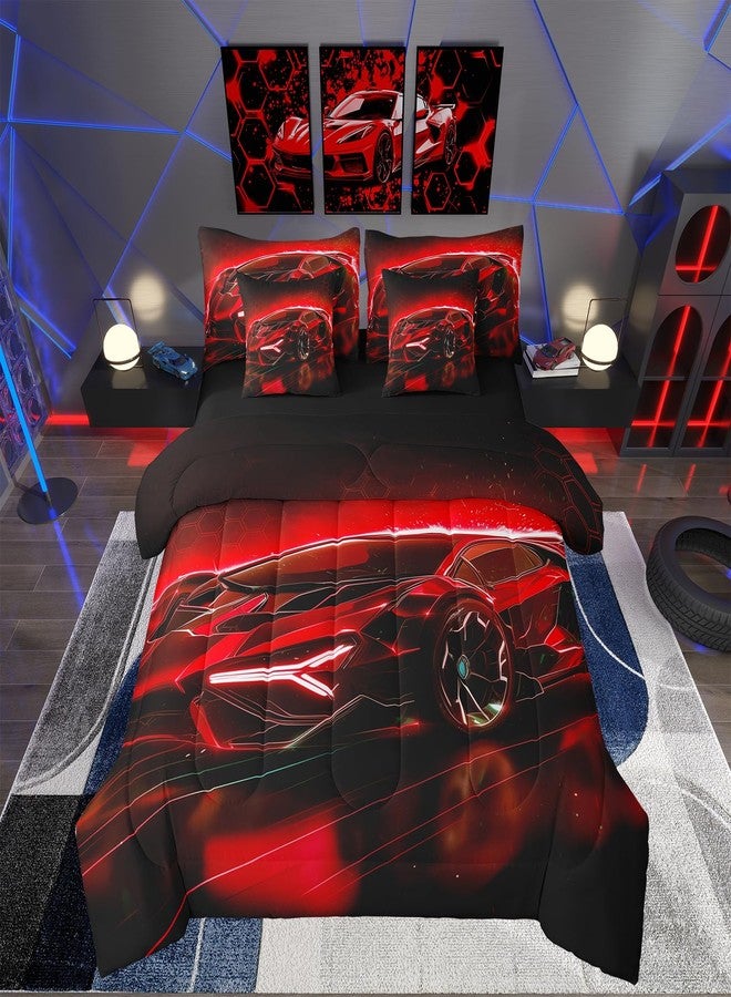 Feelyou Kids Boys Race Car 7 Piece Bedding Set King Size Red Sports Car Comforter Set with Sheets for Kids Teens Boys Girls Extreme Sports Theme Bed in a Bag Speed Luxury Car Bed Set - Image 1