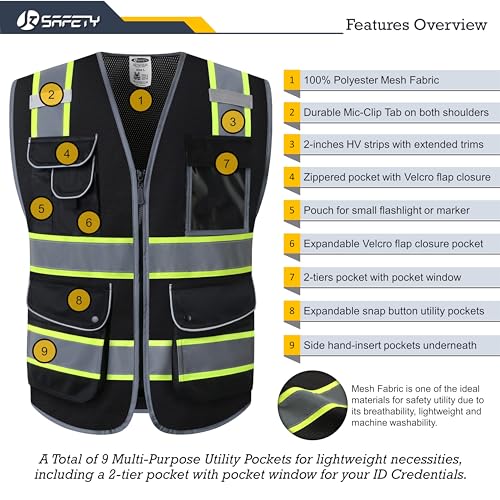 JKSafety سترة أمان شبكية سوداء بزاوية رؤية عالية مع 9 جيوب | سوداء مع شرائط عاكسة مزدوجة اللون | معايير ANSI/ISEA (100-أسود، XXL) - Image 3
