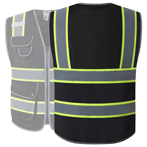 JKSafety سترة أمان شبكية سوداء بزاوية رؤية عالية مع 9 جيوب | سوداء مع شرائط عاكسة مزدوجة اللون | معايير ANSI/ISEA (100-أسود، XXL) - Image 5