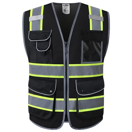 JKSafety سترة أمان شبكية سوداء بزاوية رؤية عالية مع 9 جيوب | سوداء مع شرائط عاكسة مزدوجة اللون | معايير ANSI/ISEA (100-أسود، XXL) - Image 1