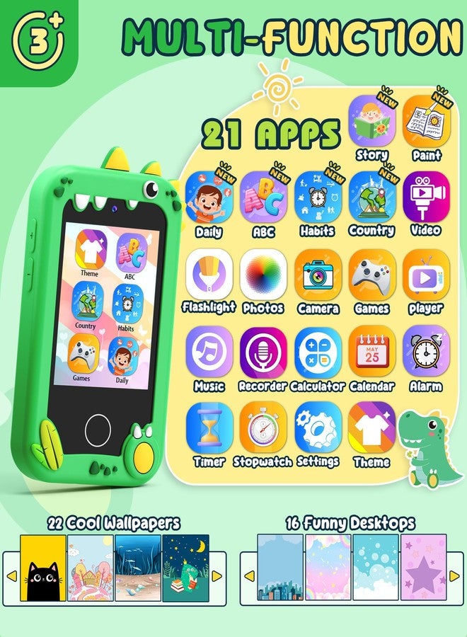 UCIDCI Dinosaur Kids Smart Phone Toys for Boy Dual Camera & Music Player Toddler Selfie Phone Toys Road Trip Toys with Learning Games, Christmas, Birthday Gifts for 3 4 5 6 7 Year Old Green - Image 2