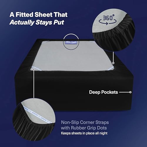 Kickoff Home Kickoff Viscose Bamboo Fitted Sheet King Size, 100% Organic Cooling Sheets Fitted ONLY Viscose Bamboo Sheets King Size Bed Sheet for Hot Sleepers, Extra Deep Pocket, 4 Corner Strap (K, Onyx Black) - Image 3