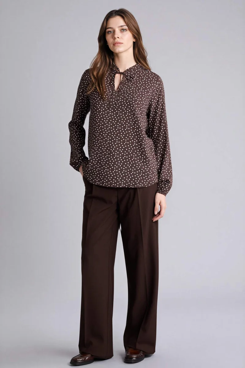 ديفاكتو Regular Fit Crew Neck Printed Long Sleeve Blouse