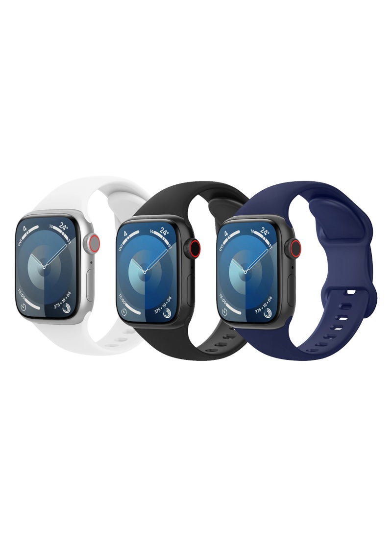 3 PCS Silicone Strap for Apple Watch SE (2024) GPS 44mm Black, White and Blue - Image 1