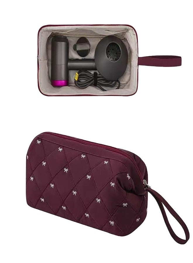 RSRSLEII Large Quilted Hair Tools Travel Bag with Bow Pattern,Waterproof Hair Styling Accessories Storage Case for Shark FlexStyle, Dyson Airwrap Hair Dryer, Curling Iron, Revlon Hair Tools(Wine Red)