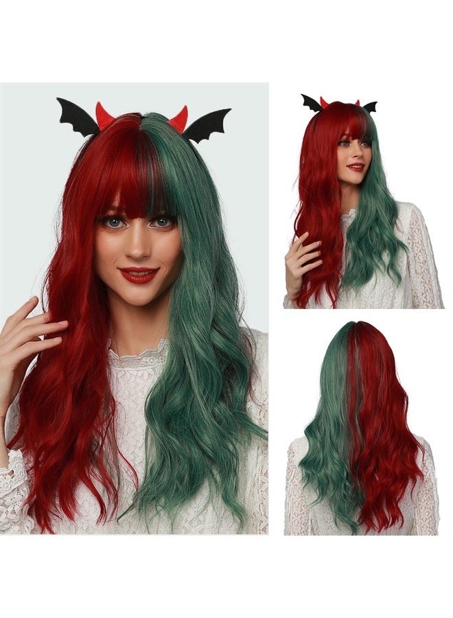 OUFEI Long Wavy Half Red Half Green Wigs with Bangs for Women Natural Synthetic Hair Heat Resistant Wig for Halloween Cosplay Party Use-22 Inches - Image 1