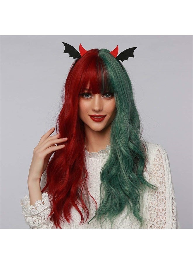 OUFEI Long Wavy Half Red Half Green Wigs with Bangs for Women Natural Synthetic Hair Heat Resistant Wig for Halloween Cosplay Party Use-22 Inches - Image 2