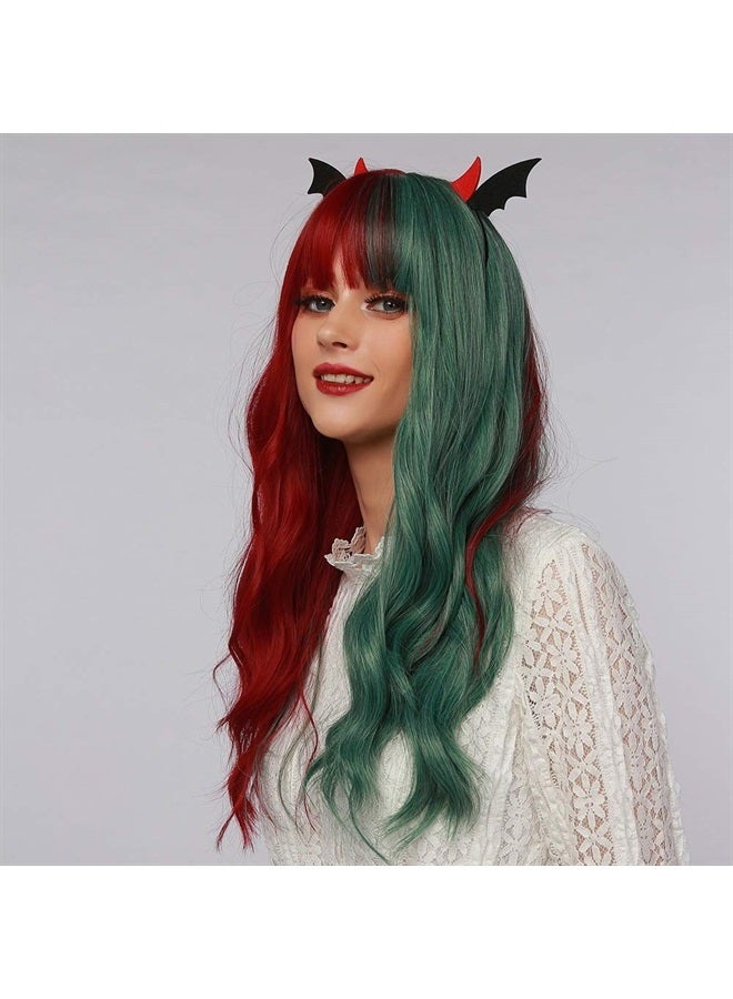 OUFEI Long Wavy Half Red Half Green Wigs with Bangs for Women Natural Synthetic Hair Heat Resistant Wig for Halloween Cosplay Party Use-22 Inches - Image 3