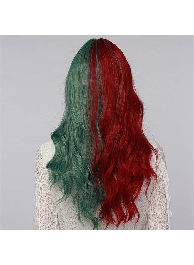 OUFEI Long Wavy Half Red Half Green Wigs with Bangs for Women Natural Synthetic Hair Heat Resistant Wig for Halloween Cosplay Party Use-22 Inches - Image 4