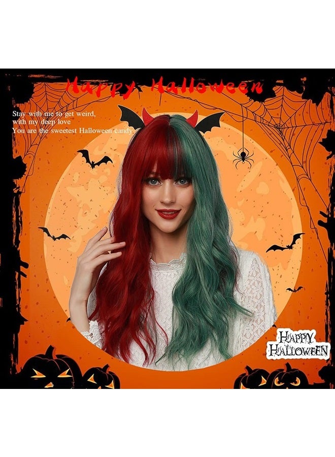 OUFEI Long Wavy Half Red Half Green Wigs with Bangs for Women Natural Synthetic Hair Heat Resistant Wig for Halloween Cosplay Party Use-22 Inches - Image 5