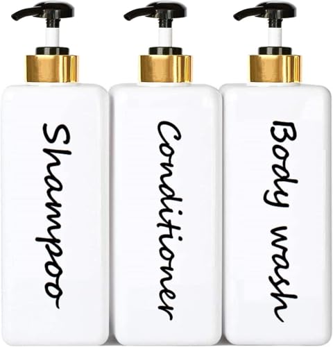 DIDROOM 21oz Shampoo and Conditioner Dispenser Set of 3 Modern Refillable Shampoo Pump Bottles for Shower Soap Empty Shampoo Conditioner Body Wash Dispenser Set Stylish Permanent Labels for Bathroom - Image 1