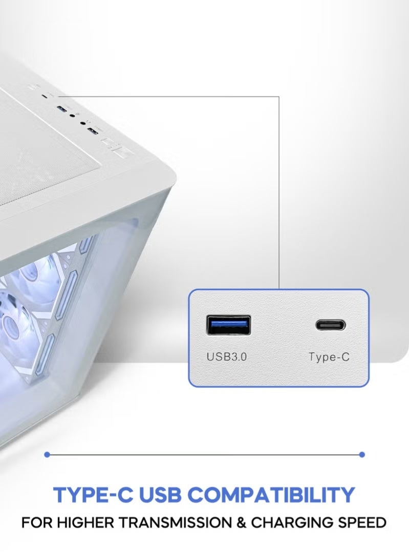 تورتوكس صندوق كمبيوتر للألعاب CURVO أبيض ATX M-ATX ITX مع 7 مراوح ARGB PWM بحجم 120 مم ودعم رادياتير 360 مم ومنفذ USB Type-C و3 فتحات SSD وهيكل SPCC وزجاج مقسى - Image 3