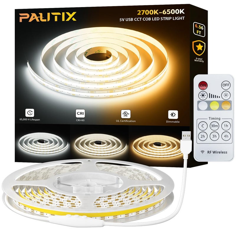 PAUTIX 5V USB COB LED Strip Lights with RF Remote,Dotless LED Lights 2700K-6500K CCT Tunable White Dimmable 6.56ft TV Backlight,Flexible Under Cabinet Tape Light for Bedroom,Kitchen,Shelf DIY Lighting - Image 1
