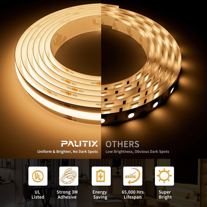 PAUTIX 5V USB COB LED Strip Lights with RF Remote,Dotless LED Lights 2700K-6500K CCT Tunable White Dimmable 6.56ft TV Backlight,Flexible Under Cabinet Tape Light for Bedroom,Kitchen,Shelf DIY Lighting - Image 4