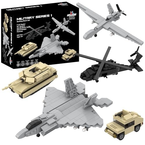 Apostrophe Games 5 Military Building Block Sets (659 Pieces) F-22 Raptor, M1 Abrams Tank, Black Hawk Helicopter, Reaper UAV and Humvee Army Truck Scale Models for Kids and Adults - Image 1
