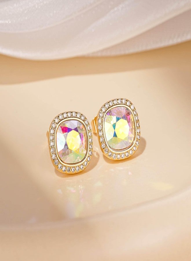 EVEVIC Austrian Crystal Halo Square Stud Earrings for Women 14K Gold Plated Birthstone Earring Hypoallergenic Jewelry Gifts, cute earrings stud, Brass Crystal, crystal - Image 3