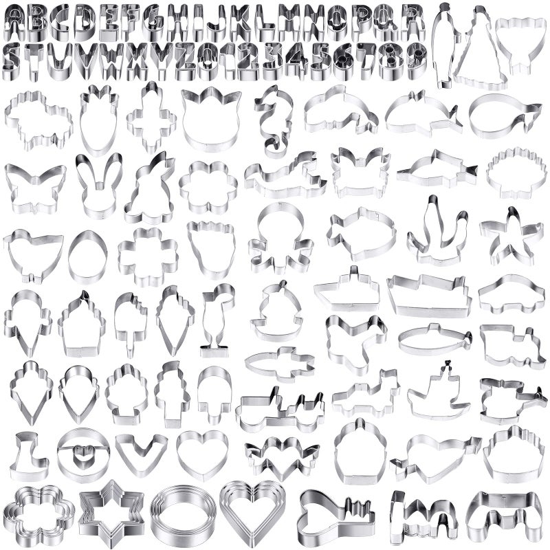 Yinder 108 Pcs Metal Cookie Cutters Set Stainless Steel Biscuit Cutter Molds Include Heart Star Round Flower Vehicle Sea Creatures Alphabet Numbers Ice Cream Cone Fruit Shapes Cookie Cutters for Baking - Image 1