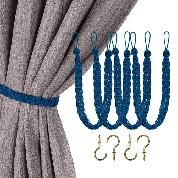 HAND BRAIDED CURTAIN TIEBACK BUCKLE DRAPERY CURTAIN TIE BACK 4 ROPE BELT CURTAIN TIE WITH 4 METAL HOOKS NAVY