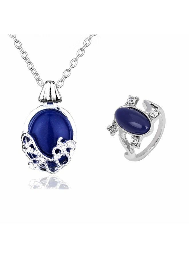 Jinyu 2 Set Unisex Vampire Diaries Elena Sapphire Crystal Daylight Ring and Katherine Sapphire Crystal Pendant Daywalking Necklace, Metal, metal - Image 1