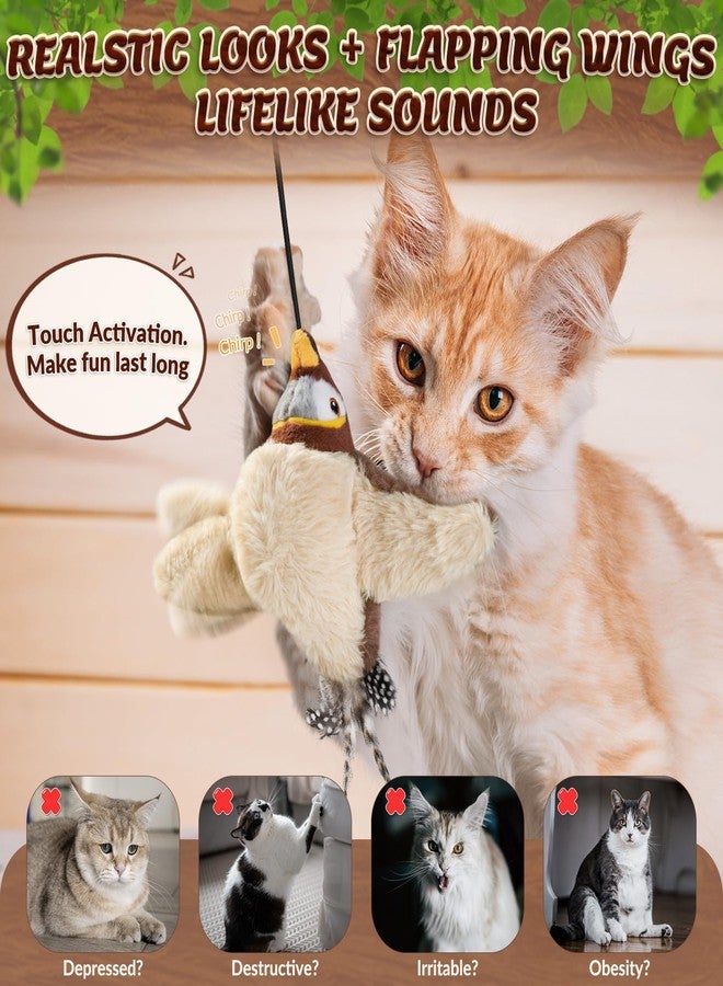 Lukovee Interactive Cat Toys Rechargeable - Touch Activated Flapping Sparrow Catnip Toys with Lifelike Chirping, Plus Bird Toy with Rope and Hooks for Indoor Kitten Kitty Exercise (Khaki) - Image 4