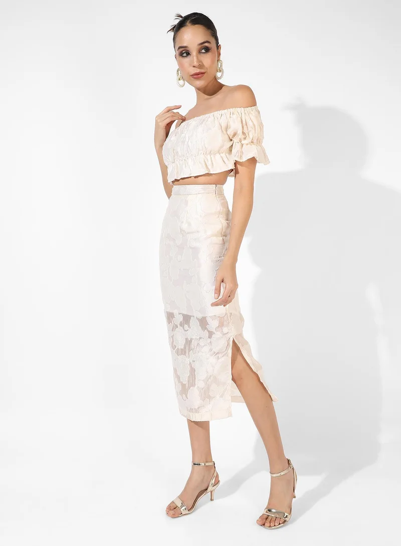 Campus Sutra White Women's Off-White Embroidered Co-Ord Set For Casual Wear | Short Sleeve | Polyester Blend | Off-Shoulder Clothing Set Crafted With Comfort Fit And High Performance For Everyday Wear for Women | Best Price UAE