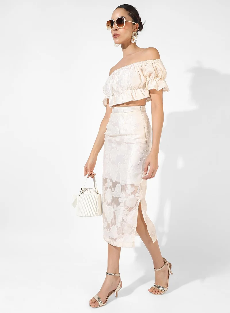 Campus Sutra White Women's Off-White Embroidered Co-Ord Set For Casual Wear | Short Sleeve | Polyester Blend | Off-Shoulder Clothing Set Crafted With Comfort Fit And High Performance For Everyday Wear for Women | Best Price UAE
