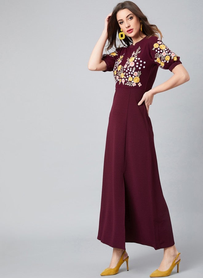 Athena فستان ماكسي مطرز باللونين الماروني والأصفر للنساء - Image 3