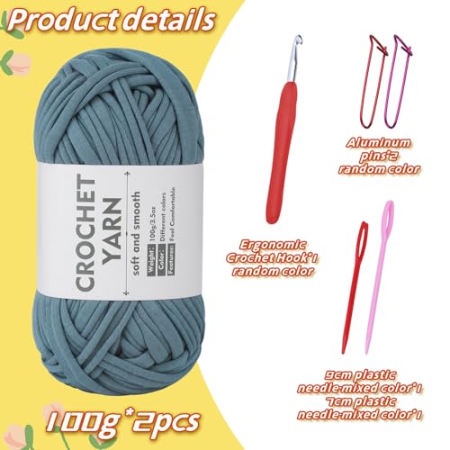 SHWAKK 2 Pack T-Shirt Yarn Set, Gray Blue Knitting Crochet T Shirt Yarn, Tshirt Yarn Kit for Crocheting, Ribbon Cotton Yarn, Knitting Ball - Image 2