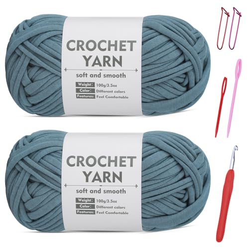 SHWAKK 2 Pack T-Shirt Yarn Set, Gray Blue Knitting Crochet T Shirt Yarn, Tshirt Yarn Kit for Crocheting, Ribbon Cotton Yarn, Knitting Ball - Image 1