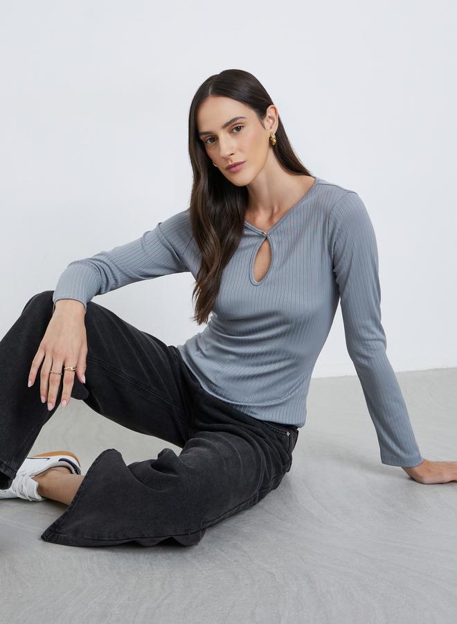 Styli Grey Ribbed Knit Top with Keyhole Detail - Image 1