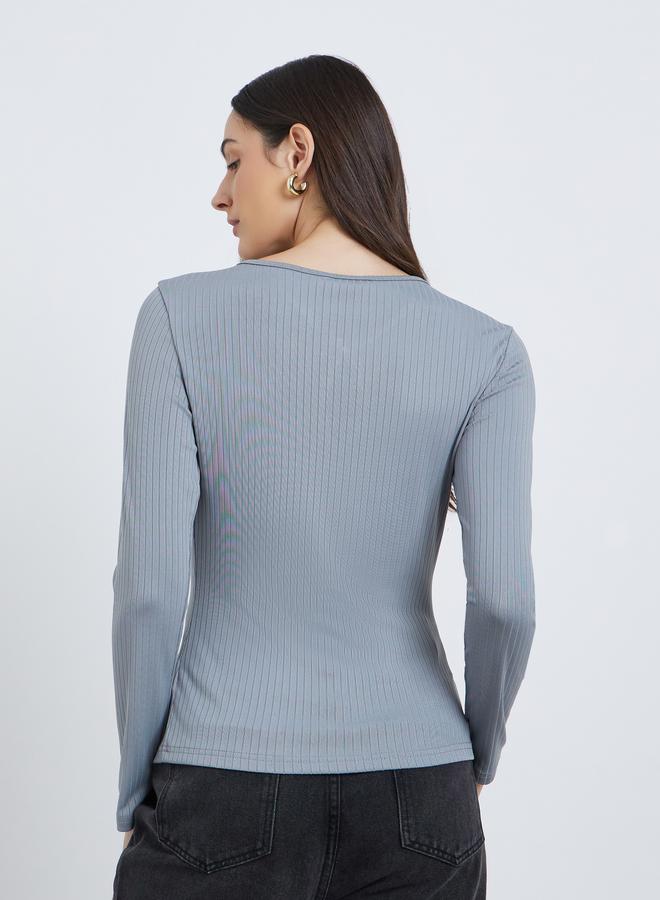 Styli Grey Ribbed Knit Top with Keyhole Detail - Image 4
