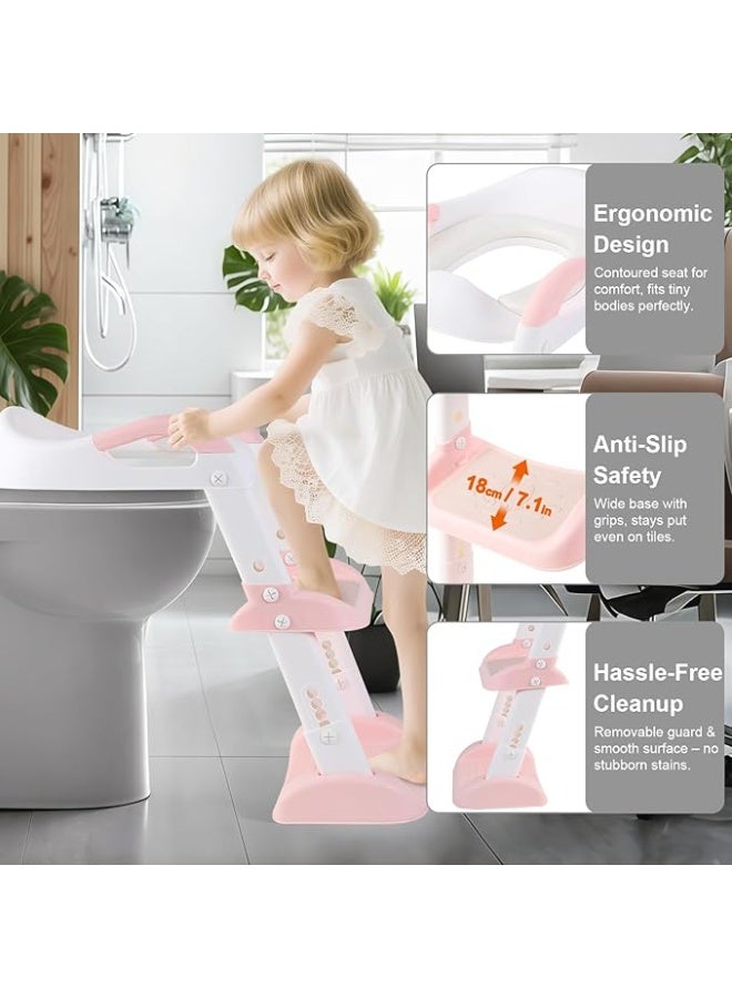 Toddler Potty Training Toilet Seat with Ladder & Handles – Pink/White - Image 5