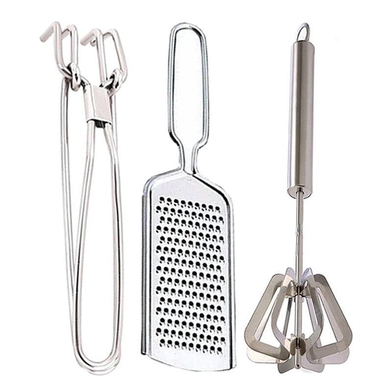 JISUN Stainless Steel Cheese GraterCoconut Grater PakkadUtility Tong MathaniHand Blender for Kitchen Silver Pack of 3 - Image 1