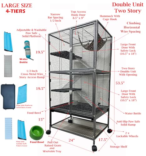 Mcage Large Two Full Story Deluxe Double Unit 4-Tiers Tight 1/2-Inch Bar Spacing Durable Front Doors Water Bottle Food Bowl for Feisty Ferret Squirrel Hammock Rat Gerbil Small Animal Critter Rolling Cage - Image 3