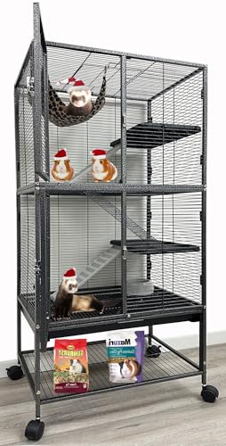 Mcage Large Two Full Story Deluxe Double Unit 4-Tiers Tight 1/2-Inch Bar Spacing Durable Front Doors Water Bottle Food Bowl for Feisty Ferret Squirrel Hammock Rat Gerbil Small Animal Critter Rolling Cage - Image 1