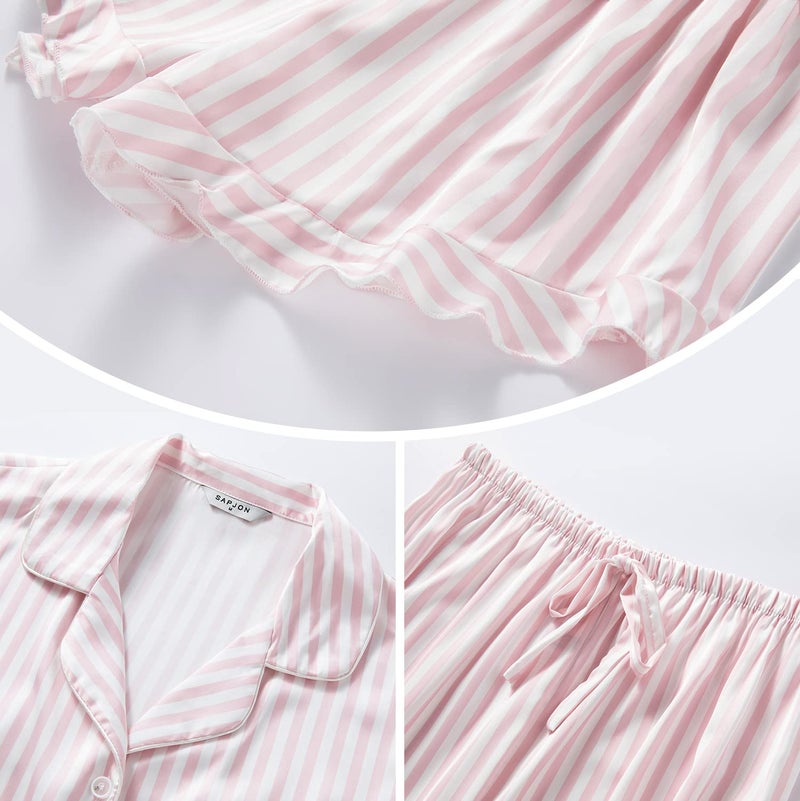 SAPJON Satin Silk Pajamas for Women 2Pcs Ruffle Notch Collar Sleepwear Button Down Short Sleeve Shorts Pjs Set Loungewear - Image 4