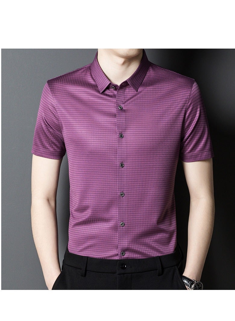 High End Mulberry Silk Checkered Short Sleeved Men's Polo Shirt, Business And Fashion Lapel T-shirt  - Image 1