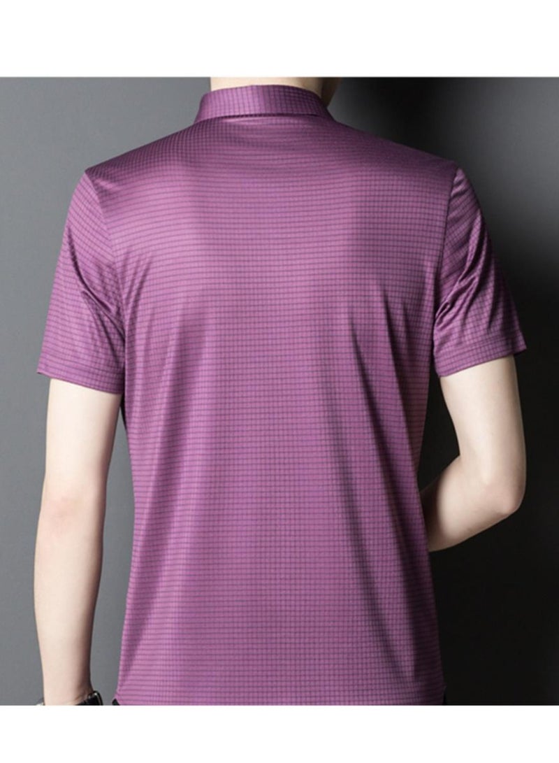 High End Mulberry Silk Checkered Short Sleeved Men's Polo Shirt, Business And Fashion Lapel T-shirt  - Image 5