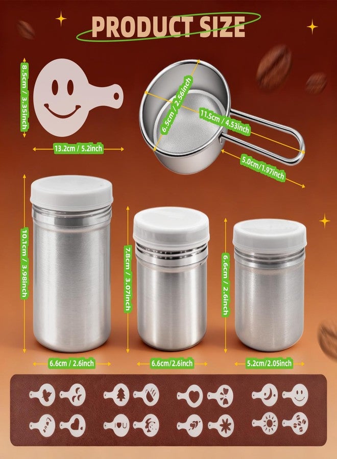 DLBEEM 3 Pcs Stainless Steel Powdered Sugar Shaker Duster with Lid, Mesh Shaker Powder Cans with Flour Sifter Drainer for Baking Soda Cocoa Cornstarch Coffee Includes 16 Coffee Stencils - Image 2