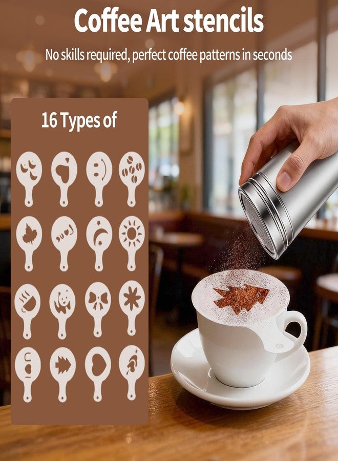 DLBEEM 3 Pcs Stainless Steel Powdered Sugar Shaker Duster with Lid, Mesh Shaker Powder Cans with Flour Sifter Drainer for Baking Soda Cocoa Cornstarch Coffee Includes 16 Coffee Stencils - Image 3