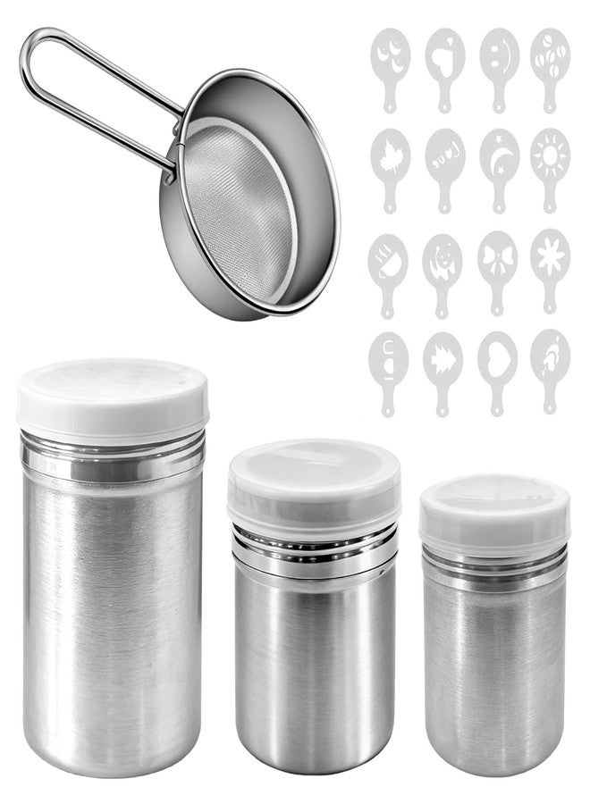DLBEEM 3 Pcs Stainless Steel Powdered Sugar Shaker Duster with Lid, Mesh Shaker Powder Cans with Flour Sifter Drainer for Baking Soda Cocoa Cornstarch Coffee Includes 16 Coffee Stencils - Image 1