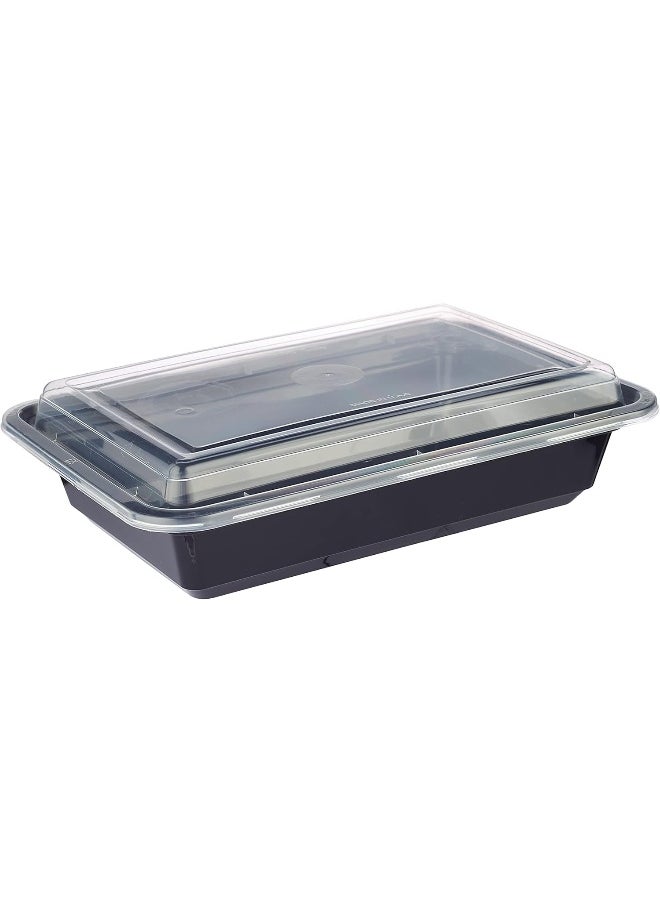 Hotpack - Hotpack Disposable Bento, Food Storage, Microwavable Meal Prep Container, Black Base Rectangular Container 32 ounce with Clear Lid, 50 Pieces - Image 1