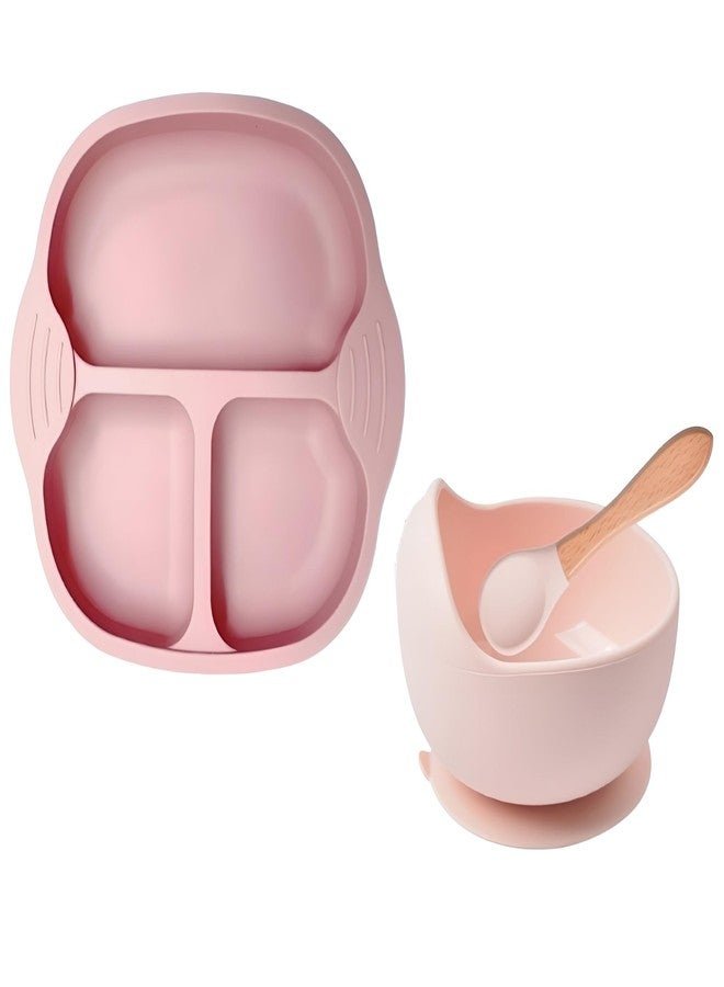 VELINEX طقم تغذية للأطفال الرضع والصغار من السيليكون من VELINEX®، وعاء شفط، طبق مقسم، ملعقة بمقبض خشبي، شفط غير قابل للكسر وغير قابل للانزلاق، آمن للاستخدام في الميكروويف وغسالة الصحون (طقم وردي مكون من 3 قطع) - Image 1
