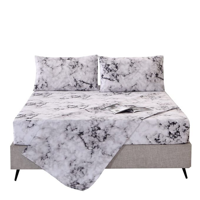 MARBLE BED SHEET 4PC BLACK WHITE AND GRAY FULL SIZE MODERN PATTERN PRINTED BEDDING SHEET SET WITH 1 TOP FLAT 1 FITTED SHEET WITH 2 PILLOWCASES 14 DEEP