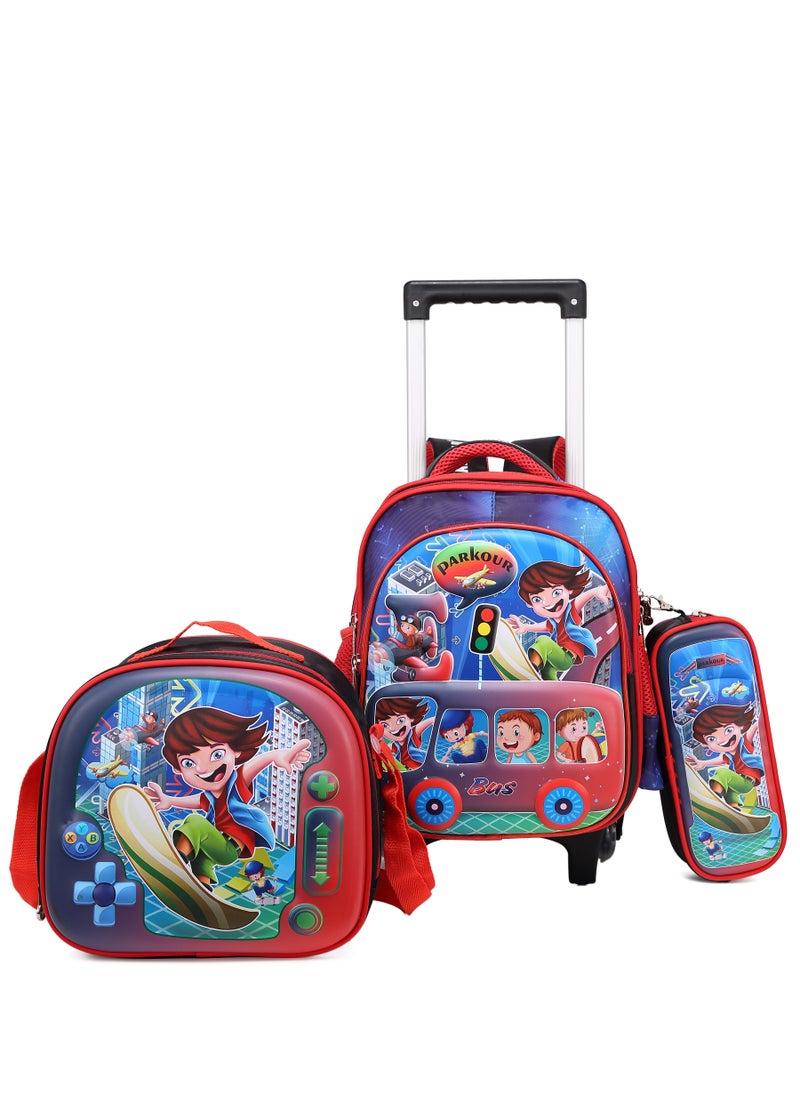Stargold 3pcs Kids Backpack for Kids Boys, 1 Lunch, 1 Pencil Box and 1 Bag with Adjustable Strap for School 2 Wheels 12 Inch  - Image 1