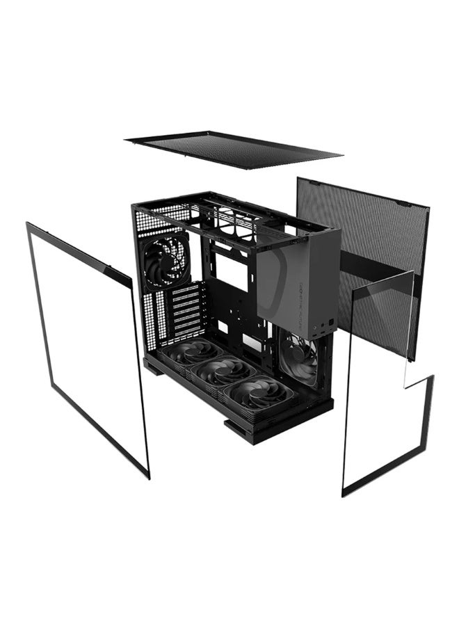 Geometricfuture علبة كمبيوتر متوسطة الحجم من طراز 5 ATX - أسود/رمادي، 5 مراوح مثبتة مسبقًا، لوحة جانبية من الزجاج المقوى، متوافقة مع E-ATX/ATX/mATX/ITX، جاهزة لإضاءة RGB، منافذ إدخال/إخراج أمامية USB-C وUSB 3.0، تدعم بطاقات رسومات حتى 460 مم، تدعم التبريد الهوائي والمائي | GEO-M5F-BG - Image 4