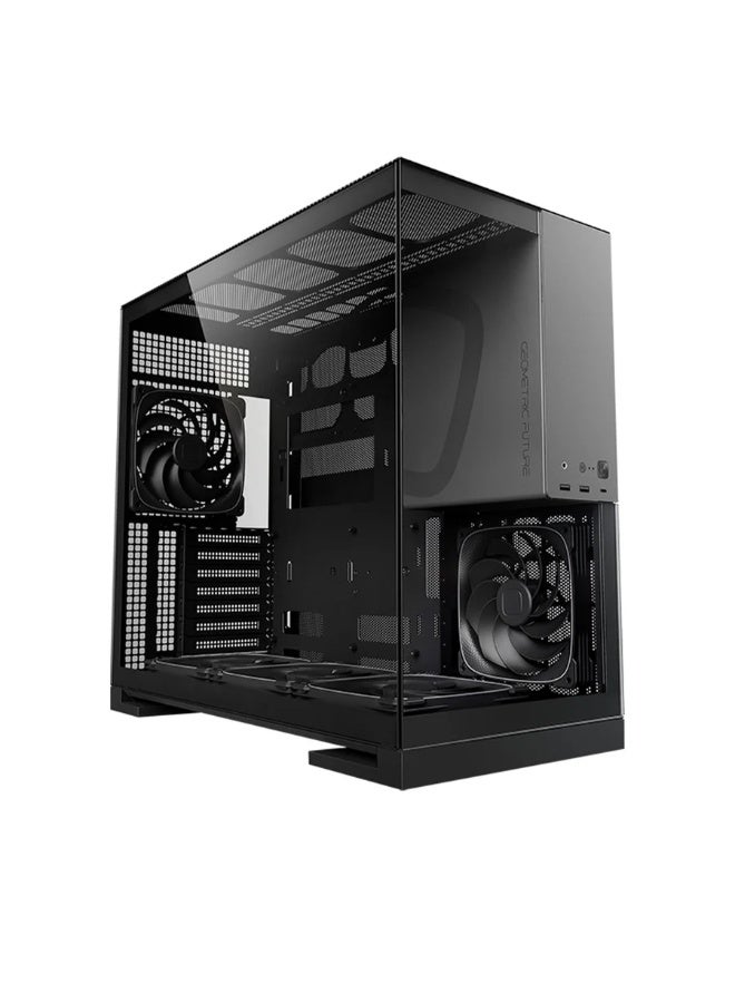 Geometricfuture علبة كمبيوتر متوسطة الحجم من طراز 5 ATX - أسود/رمادي، 5 مراوح مثبتة مسبقًا، لوحة جانبية من الزجاج المقوى، متوافقة مع E-ATX/ATX/mATX/ITX، جاهزة لإضاءة RGB، منافذ إدخال/إخراج أمامية USB-C وUSB 3.0، تدعم بطاقات رسومات حتى 460 مم، تدعم التبريد الهوائي والمائي | GEO-M5F-BG - Image 1