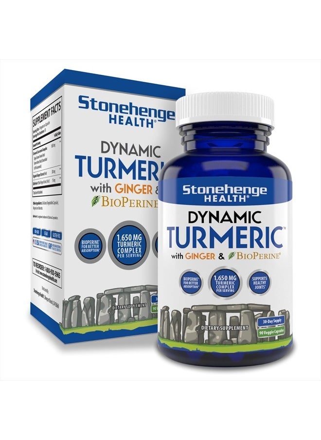 Stonehenge Health Dynamic Turmeric Curcumin with Ginger - High Potency - 1,650 mg Turmeric with 95% Curcuminoids & BioPerine, Supports Joint Pain & Inflammation, 90 Vegetarian Capsules  - Image 1