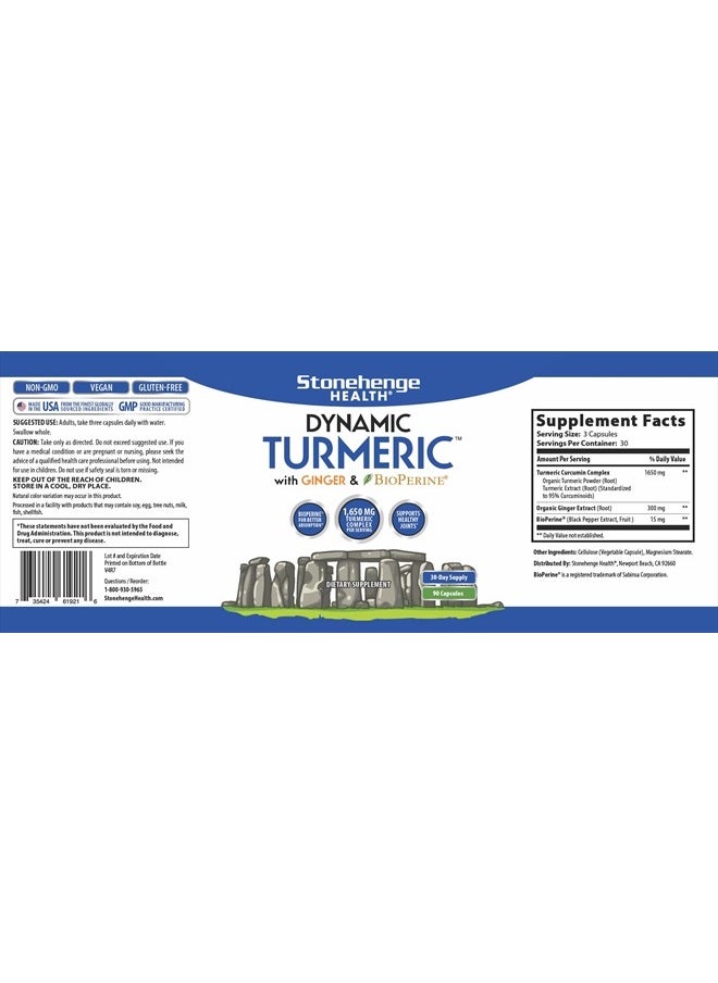 Stonehenge Health Dynamic Turmeric Curcumin with Ginger - High Potency - 1,650 mg Turmeric with 95% Curcuminoids & BioPerine, Supports Joint Pain & Inflammation, 90 Vegetarian Capsules  - Image 5