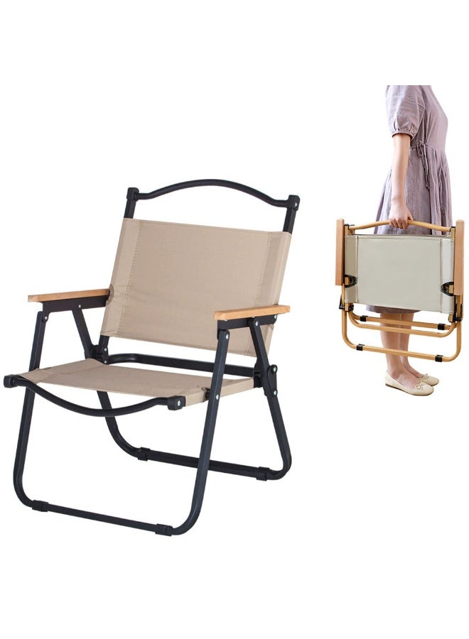 Camping Chair, Metal Frame, Wooden Armrest, Foldable Design, Heavy Duty, Small Folding Recliner, Portable and Lightweight Folding Chair for Outdoor Picnic Camping Hiking Fishing Balcony Garden Beach, Khaki, 1PC - Image 1
